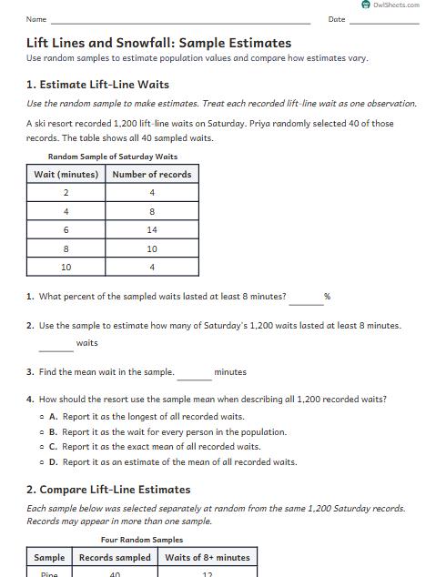 Lift Lines and Snowfall: Sample Estimates worksheet preview