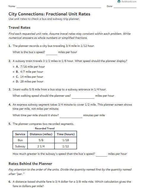 City Connections: Fractional Unit Rates worksheet preview