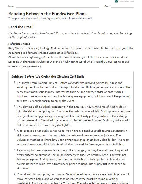 Reading Between the Fundraiser Plans worksheet preview