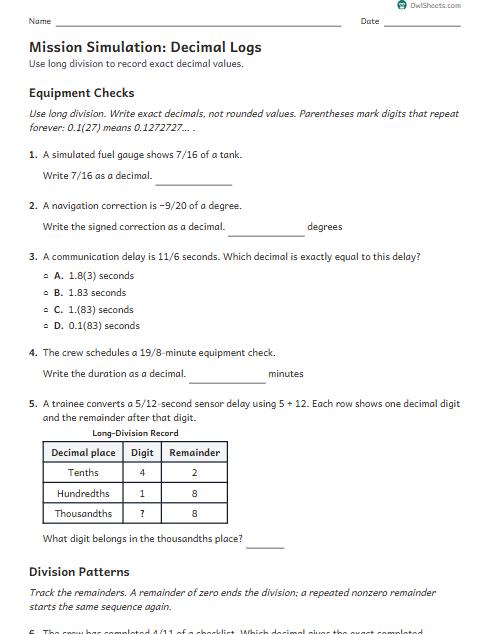 Mission Simulation: Decimal Logs worksheet preview