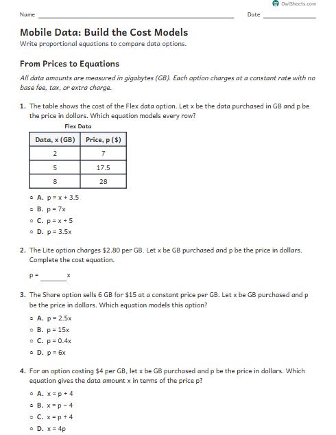 Mobile Data: Build the Cost Models worksheet preview