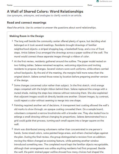 A Wall of Shared Colors: Word Relationships worksheet preview