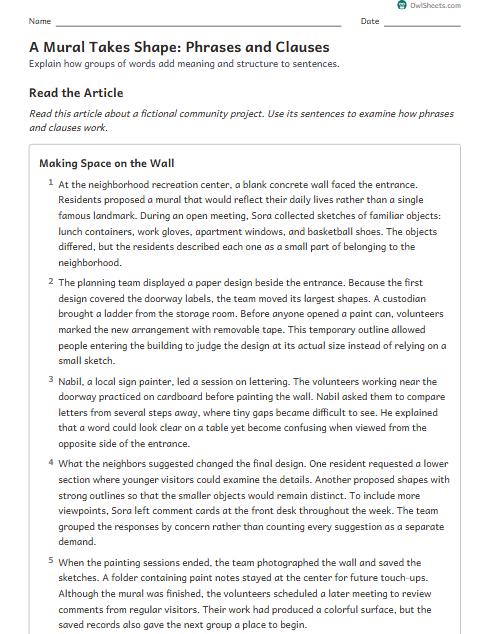 A Mural Takes Shape: Phrases and Clauses worksheet preview