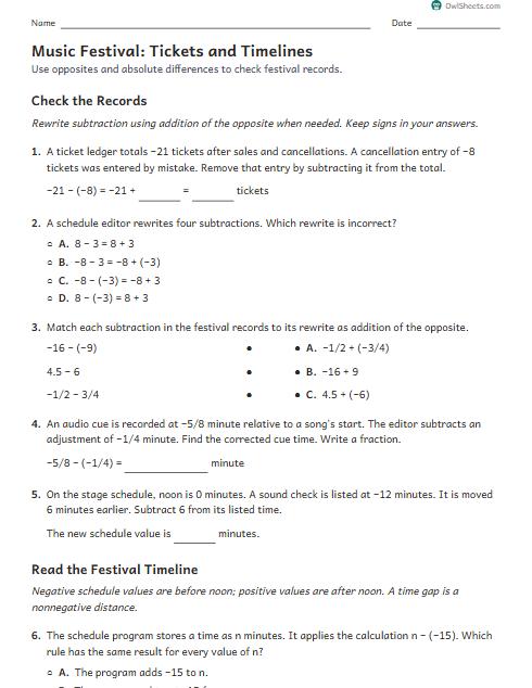 Music Festival: Tickets and Timelines worksheet preview