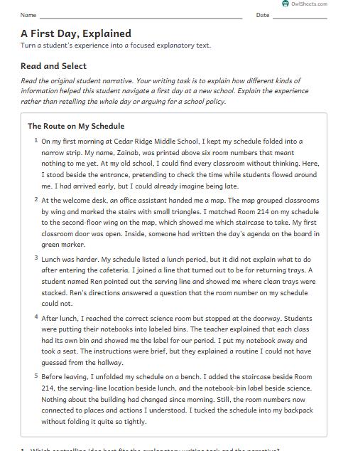 A First Day, Explained worksheet preview