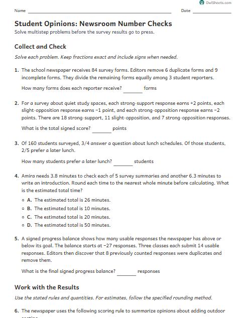 Student Opinions: Newsroom Number Checks worksheet preview