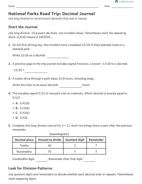 National Parks Road Trip: Decimal Journal worksheet preview