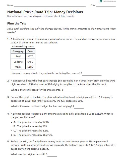 National Parks Road Trip: Money Decisions worksheet preview