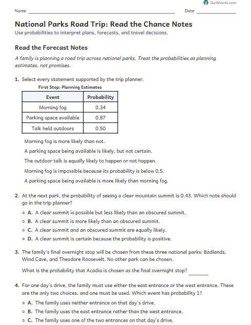 National Parks Road Trip: Read the Chance Notes worksheet preview