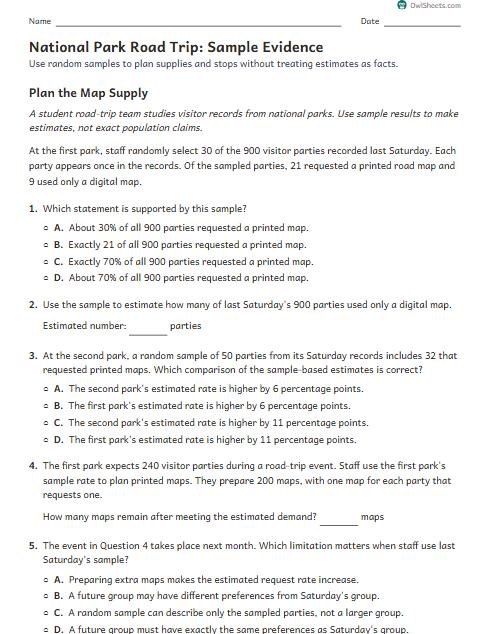 National Park Road Trip: Sample Evidence worksheet preview