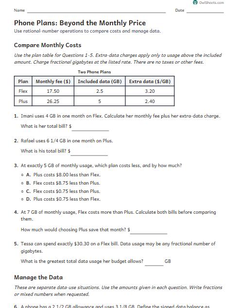Phone Plans: Beyond the Monthly Price worksheet preview