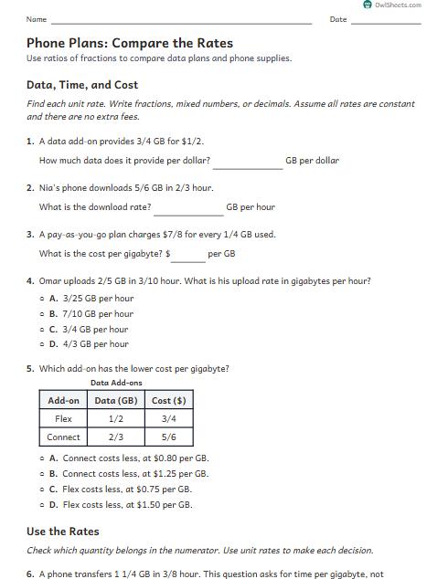 Phone Plans: Compare the Rates worksheet preview