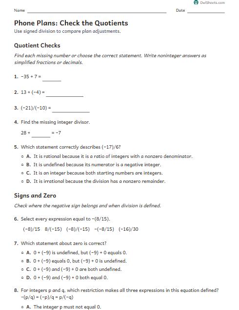 Phone Plans: Check the Quotients worksheet preview