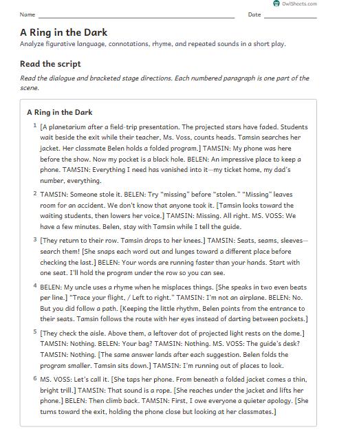 A Ring in the Dark worksheet preview