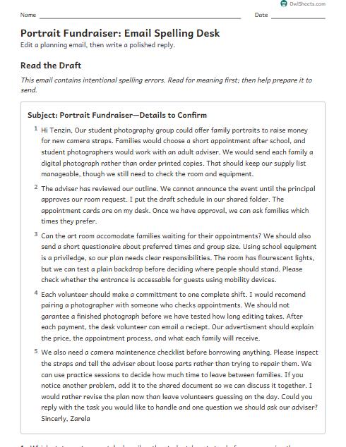 Portrait Fundraiser: Email Spelling Desk worksheet preview