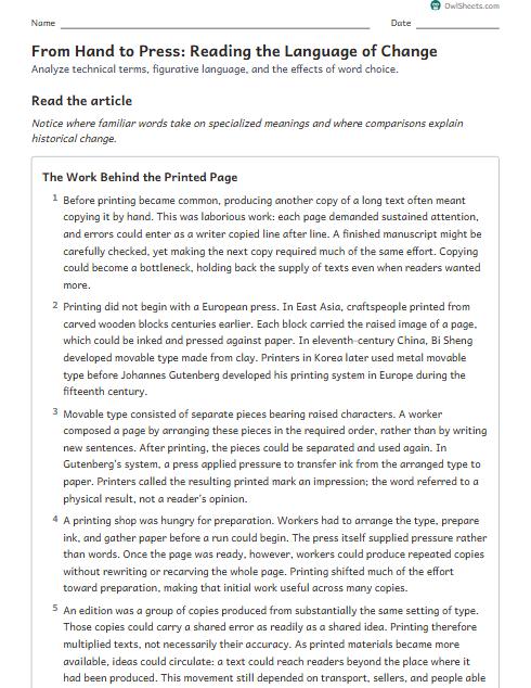 From Hand to Press: Reading the Language of Change worksheet preview