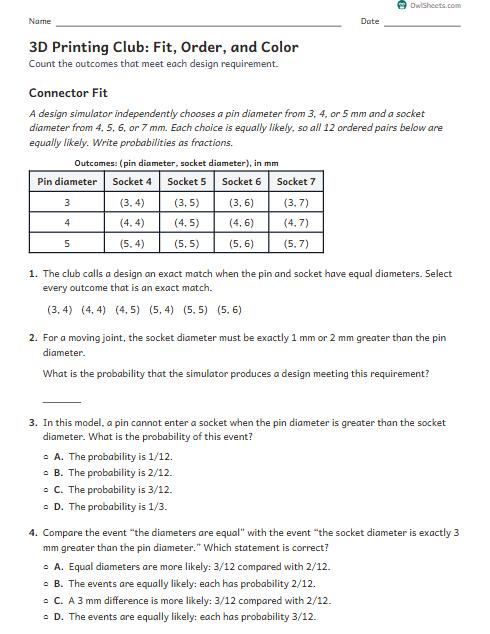 3D Printing Club: Fit, Order, and Color worksheet preview