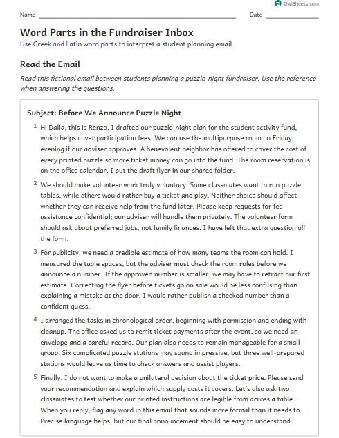 Word Parts in the Fundraiser Inbox worksheet preview