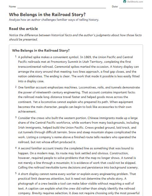 Who Belongs in the Railroad Story? worksheet preview