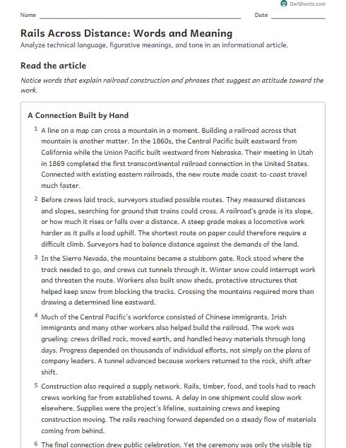 Rails Across Distance: Words and Meaning worksheet preview