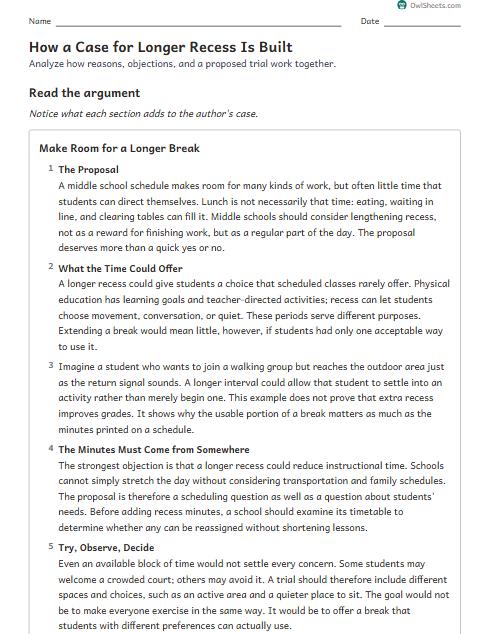 How a Case for Longer Recess Is Built worksheet preview