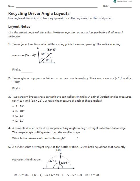 Recycling Drive: Angle Layouts worksheet preview
