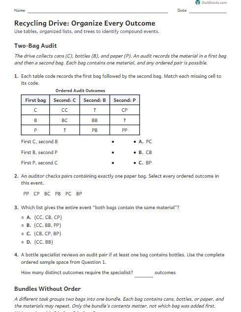 Recycling Drive: Organize Every Outcome worksheet preview