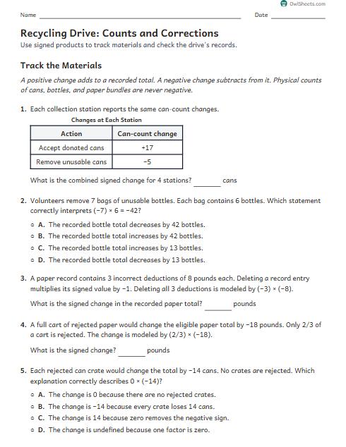 Recycling Drive: Counts and Corrections worksheet preview