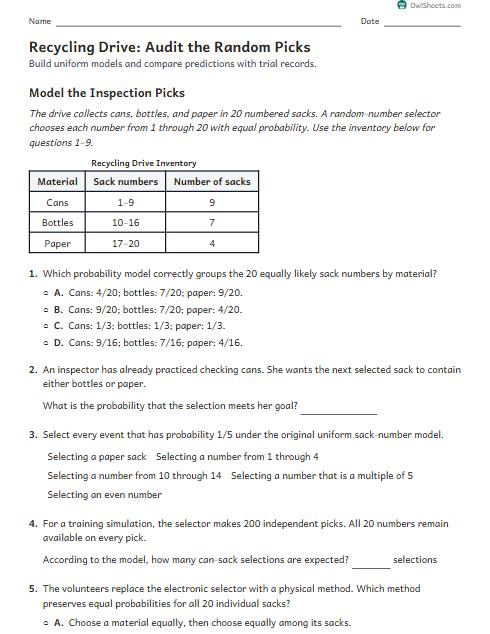 Recycling Drive: Audit the Random Picks worksheet preview