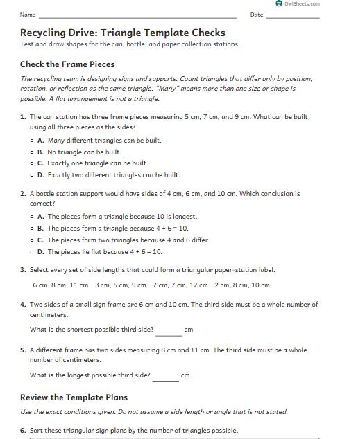Recycling Drive: Triangle Template Checks worksheet preview
