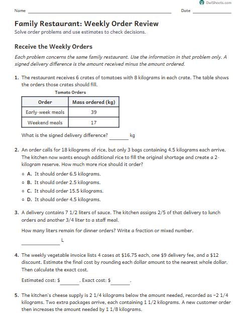 Family Restaurant: Weekly Order Review worksheet preview