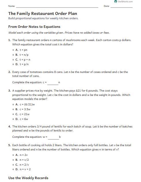 The Family Restaurant Order Plan worksheet preview