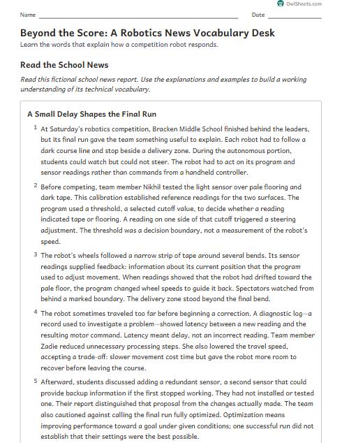 Beyond the Score: A Robotics News Vocabulary Desk worksheet preview