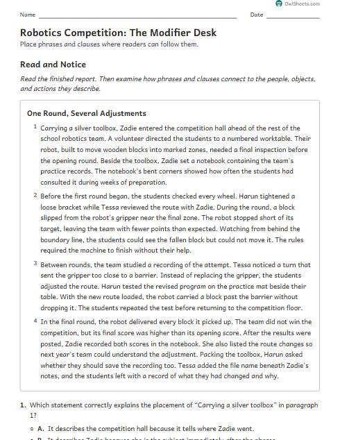 Robotics Competition: The Modifier Desk worksheet preview