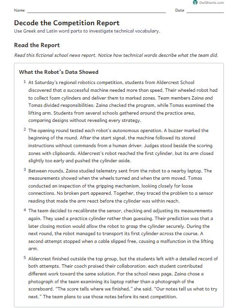 Decode the Competition Report worksheet preview
