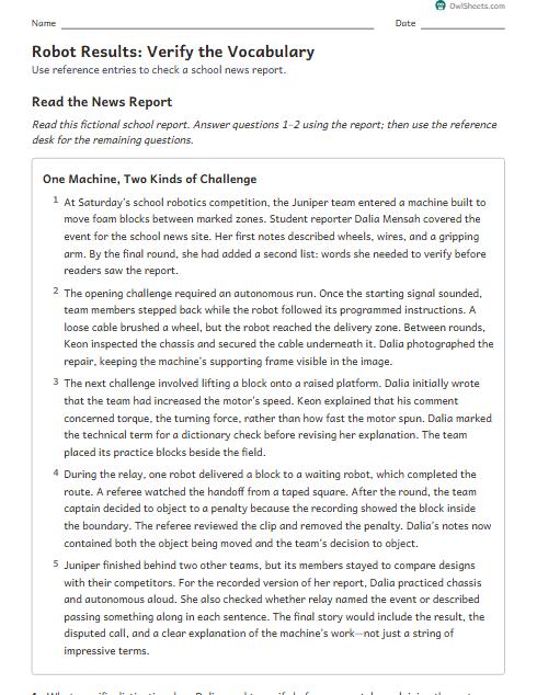 Robot Results: Verify the Vocabulary worksheet preview