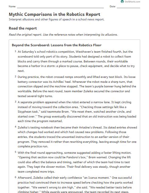 Mythic Comparisons in the Robotics Report worksheet preview