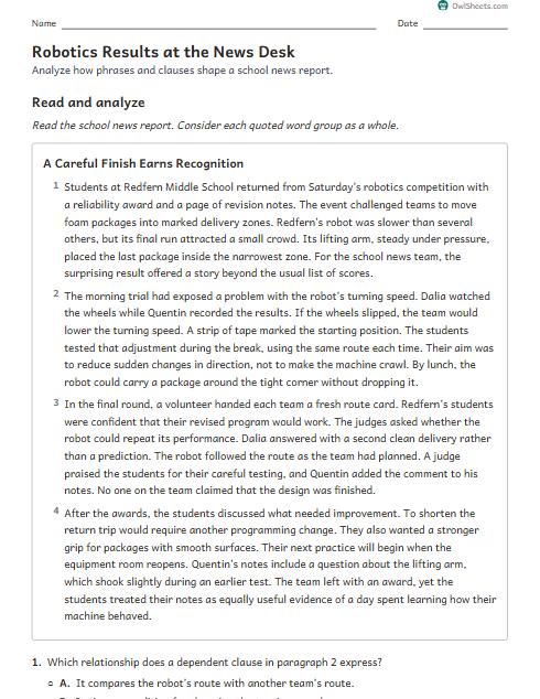 Robotics Results at the News Desk worksheet preview