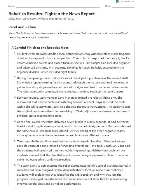 Robotics Results: Tighten the News Report worksheet preview
