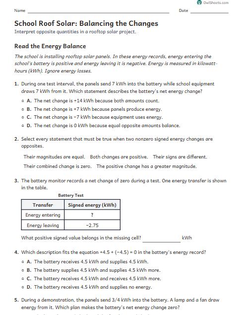 School Roof Solar: Balancing the Changes worksheet preview