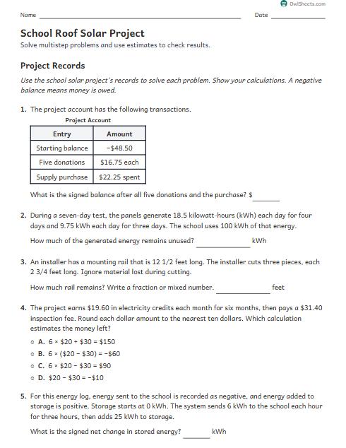 School Roof Solar Project worksheet preview