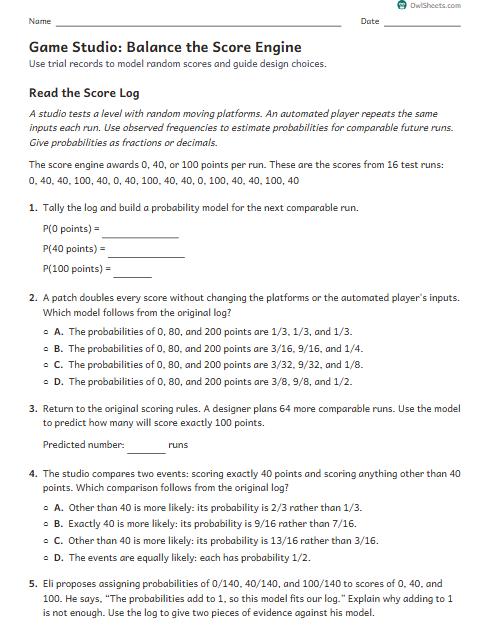 Game Studio: Balance the Score Engine worksheet preview