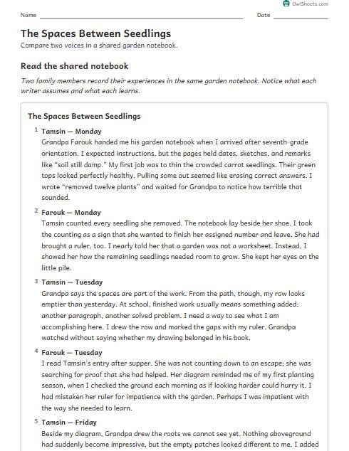The Spaces Between Seedlings worksheet preview