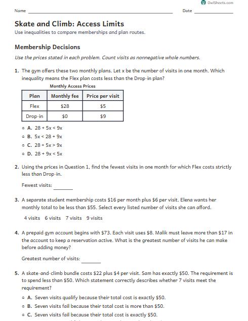 Skate and Climb: Access Limits worksheet preview