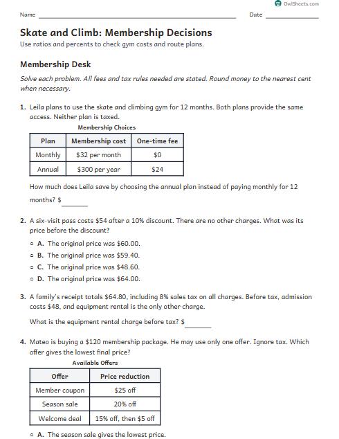 Skate and Climb: Membership Decisions worksheet preview