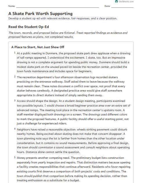 A Skate Park Worth Supporting worksheet preview