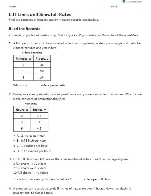Lift Lines and Snowfall Rates worksheet preview