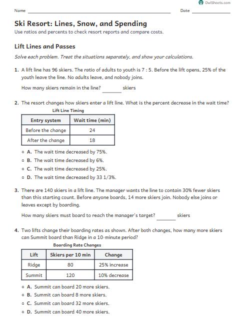 Ski Resort: Lines, Snow, and Spending worksheet preview