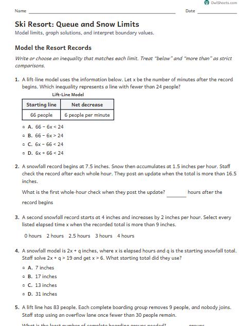 Ski Resort: Queue and Snow Limits worksheet preview