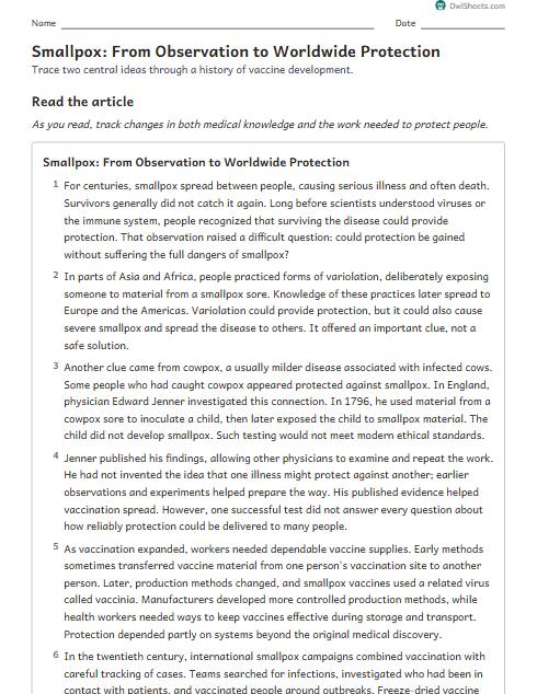 Smallpox: From Observation to Worldwide Protection worksheet preview